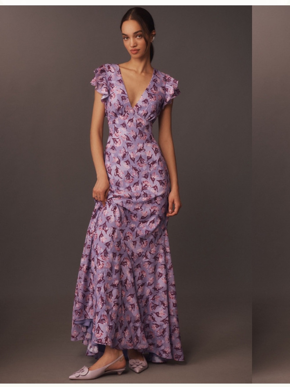 BHLDN Eva Flutter-Sleeve Plunge V-Neck Maxi Dress